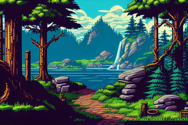 Video game background landscape with mountains and forests in 16 bit pixels. Retro video arcade game nature location with pixel art mountain hills, snow peaks, sky and clouds, trees, grass and lake