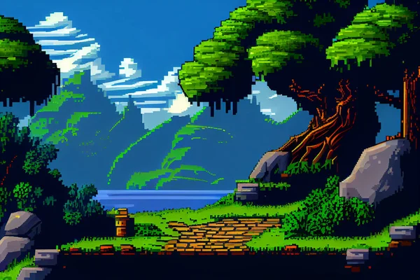 Video game background landscape with mountains and forests in 16 bit pixels. Retro video arcade game nature location with pixel art mountain hills, snow peaks, sky and clouds, trees, grass and lake