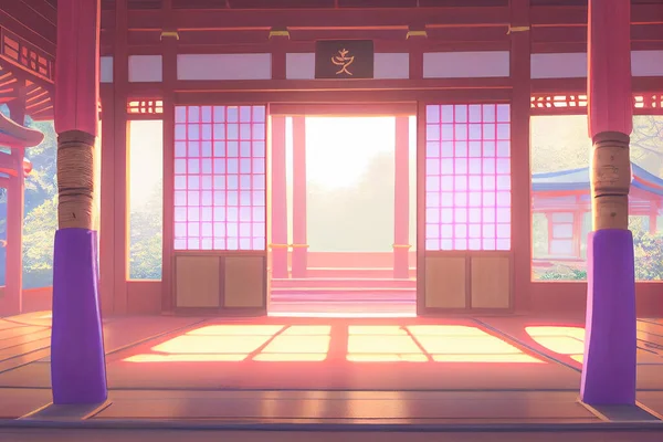 View of the torii outside from the windows of a fantasy Japanese shrine. 3D render anime style wallpaper