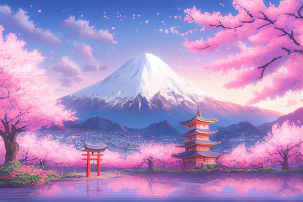 Beautiful pink cherry trees and Mount Fuji in the background of this ...