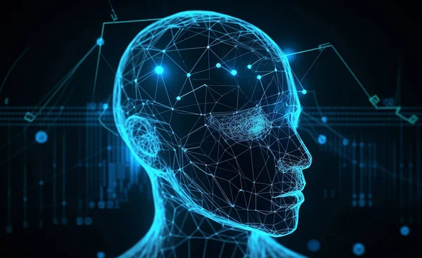 Futuristic medical technology abstract head abstract head graph of a person with graphs and cables on a background. Hi tech Wireframe human AI system concept.