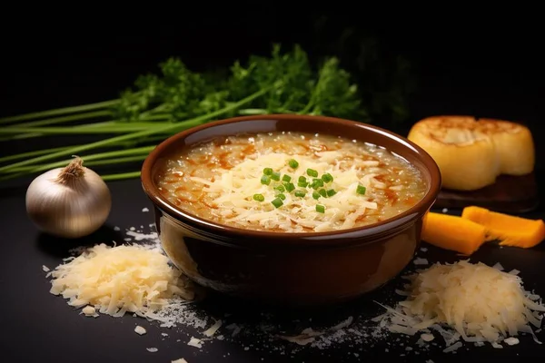 French onion soup porridge with shallot shavings served in a bright beige bowl. A comforting and delicious meal