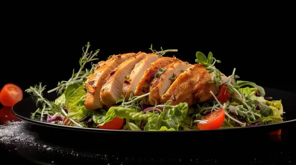 Grilled chicken fillet with salad on a black reflective surface. Healthy food, keto diet