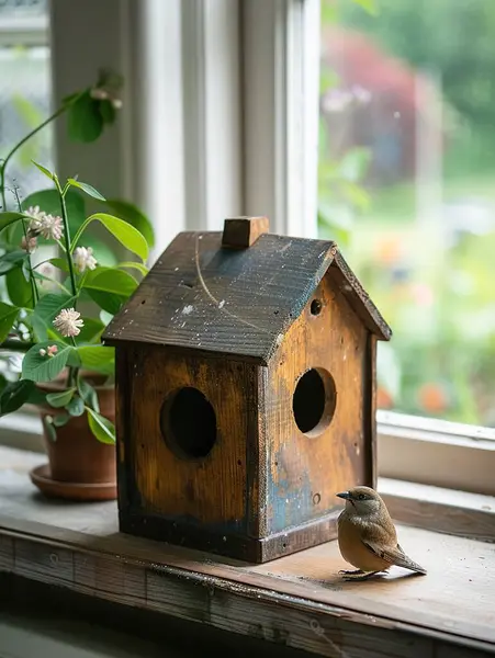Collaborative birdhouse construction, non-traditional family\'s DIY project at home, Father\'s Day filled with teamwork and happiness