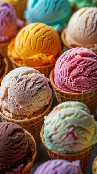 Assorted ice cream flavors in colorful cones, close-up, summer treat.