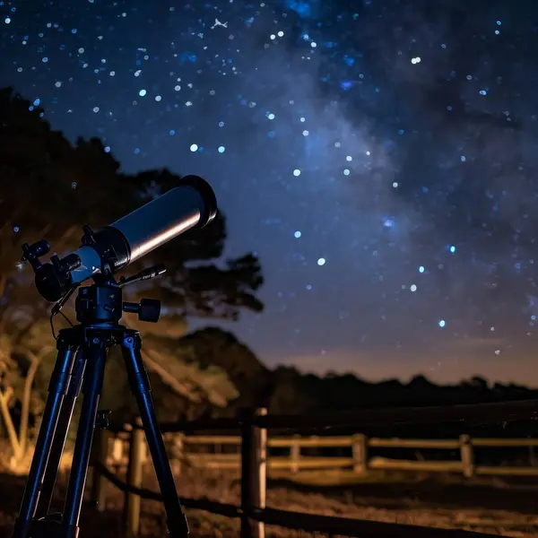 Star gazing, telescope pointed at night sky, discovering constellations.