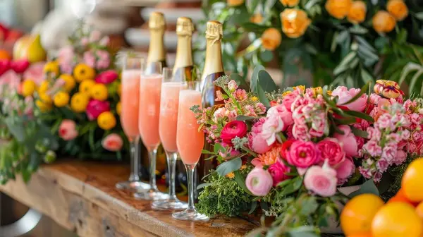 Garden Party Brunch Fresh Flowers Mimosa Station — Stock Photo, Image