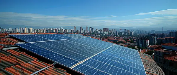 Urban Rooftop Adorned Solar Panels Cityscape Backdrop Signifies Green Energy — Stock Photo, Image