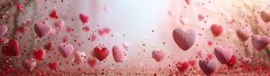 Heart shaped design elements on a Valentine's Day banner, red and pink tones, festive and romantic atmosphere clipart