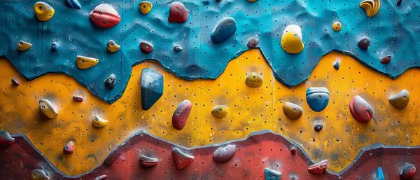 Indoor rock climbing gym, climbers scaling colorful routes, dynamic angles, adventurous and challenging