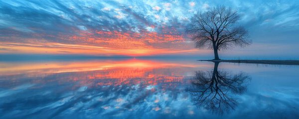 Отражение силуэта одинокого дерева в спокойном озере, рассвет цвета живописи спокойной и созерцательной сцены