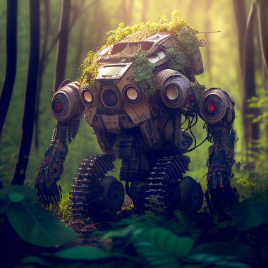 Photorealistic illustration computer rendering of an old abandoned robot in a forest overgrown with vines and moss