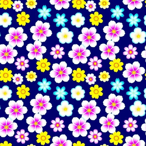 Sömlös Ljusa Blommönster Många Flerfärgade Blommor Jämna Rader För Utskrift — Stockfoto