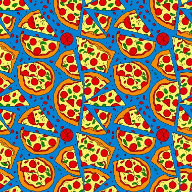 Kusursuz soyut yemek kalıbı domatesli lezzetli pizza dilimleri ve kumaş ve web sitesi tasarımı için servis.