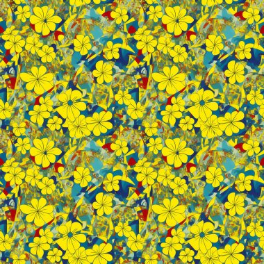 Kumaş, web sitesi tasarımı için mavi arka planda sarı çiçekli kusursuz soyut desen