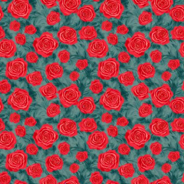 Kumaş ve web sitesi tasarımı için yeşil arka planda kırmızı güller olan kusursuz soyut çiçek deseni.