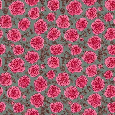 Kumaş ve web sitesi tasarımı için yeşil arka planda kırmızı güller olan kusursuz soyut çiçek deseni.
