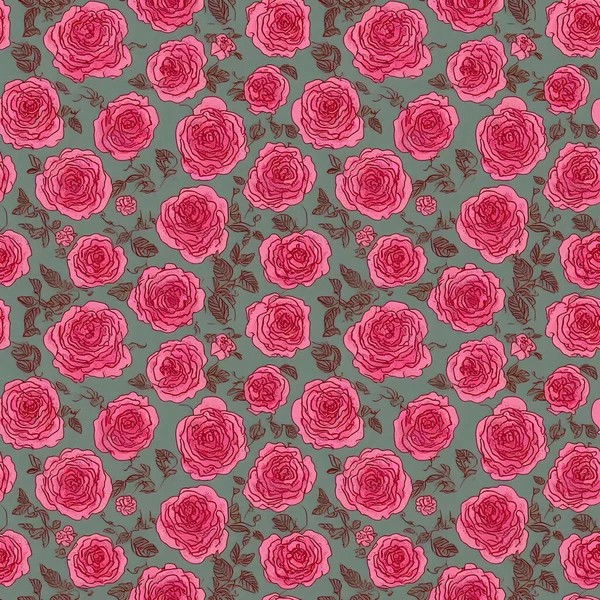Naadloos Abstract Bloemenpatroon Met Rode Rozen Een Groene Achtergrond Voor — Stockfoto