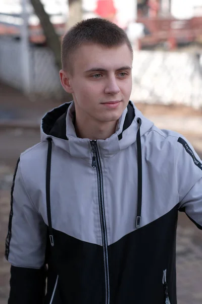 Portrait Young Handsome Guy Short Haircut Street Spring City Close — Stock Photo, Image