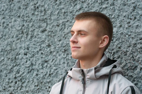 Portrait Young Handsome Guy Short Haircut Street Spring City Close — Stock Photo, Image