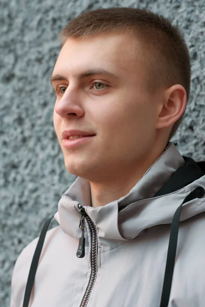 Portrait Young Handsome Guy Short Haircut Street Spring City Close — Stock Photo, Image