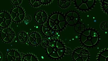 Canlandırılmış video sıçrama ekranı soyut bilgisayar canlandırması dönen dişliler ve parçacıklar ile 3d simülasyon yeşil arkaplan