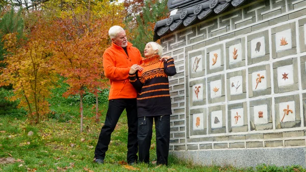 Älteres Grauhaariges Optimistisches Ehepaar Vor Der Kulisse Einer Japanischen Gartenmauer — Stockfoto