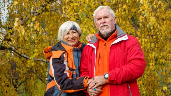 Elderly Gray Haired Optimistic Couple Love Man Woman Background Yellow — Stock Photo, Image