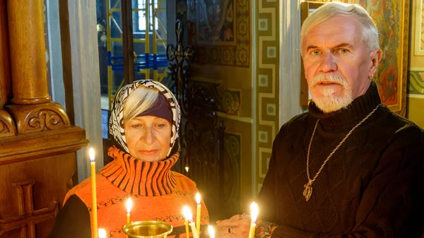 Happy Beautiful Elderly Married Couple Gray Hair Candles Orthodox Church — Stock Photo, Image