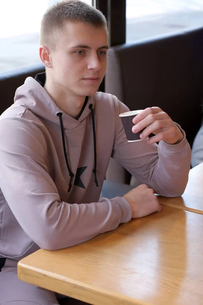 Young Good Looking Guy Drinking Coffee Roadside Cafe — Stock Photo, Image