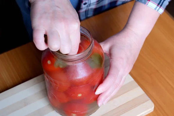 Hands Elderly Woman Take Out Delicious Homemade Pickled Tomatoes Jar — Stock Photo, Image
