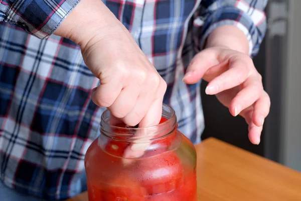Hands Elderly Woman Take Out Delicious Homemade Pickled Tomatoes Jar — Stock Photo, Image