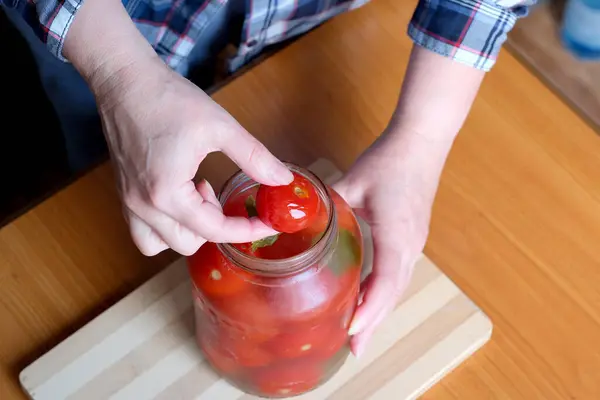 Die Hände Einer Älteren Frau Nehmen Köstliche Hausgemachte Eingelegte Tomaten — Stockfoto