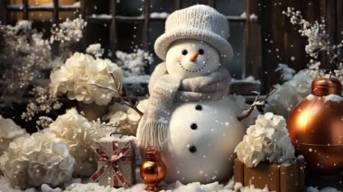 Yeni yıl video ekran koruyucusu komik kardan adamlar ve güzel kar taneleri ile stilize kar yağışı.