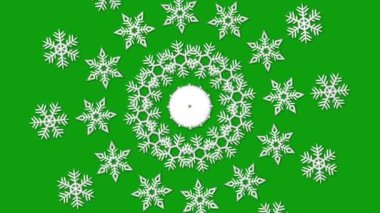 Güzel beyaz kar taneleri daireler çizerek uçuyor ve 2024 yazısında yeşil arka planda yeni yıla giriliyor.