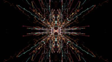 Renkli parçacıkların ve onların izlerinin olduğu iki yönlü video arkaplanındaki güzel simetrik.