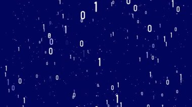 Mavi zemin üzerinde hareket eden küçük renkli parçacıklar, birler ve sıfırlar olan bir dakikalık video arkaplanı, 4k.