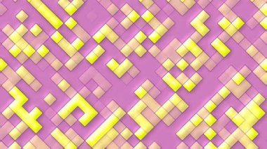 Sarı kareler ve karelerle dolu, dinamik desenli mor bir zemin..