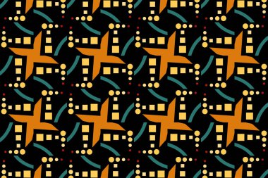 Canlı renklerdeki geometrik şekillerin çarpıcı bir düzeni dinamik bir desen oluşturur.