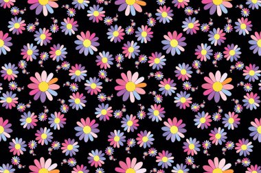 Pembe ve mor çiçeklerin canlı bir görüntüsü. Karanlık bir zemine saçılmış..