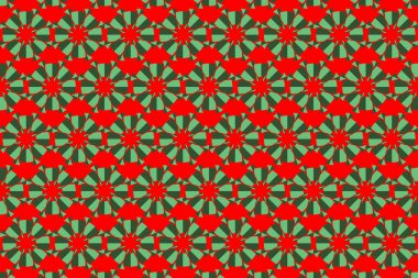 Kırmızı ve yeşil renkli çiçek motifleri canlı bir şekilde düzenlendiğinde neşeli bir atmosfer oluşur..