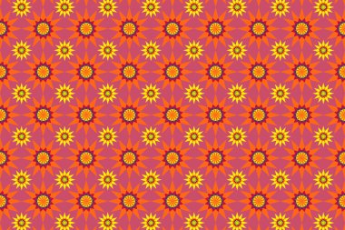 Parlak sarı çiçekler ve kalın şekiller içeren renkli geometrik desen.