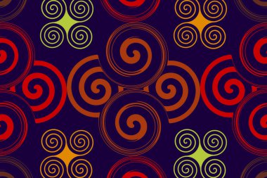 Renkli spiraller zarif bir şekilde sarmalanarak, kumaş üzerinde çarpıcı bir soyut tasarım oluşturur..