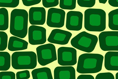 Parlak sarı arka planda çeşitli yeşil şekiller içeren karmaşık bir tasarım..