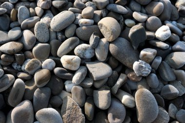 Çeşitli renk ve boyutlarda pürüzsüz çakıl taşları güneş ışığı altında zemini örtüyor..