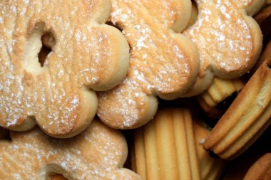 Taze pişmiş kurabiyelerden oluşan cazip bir koleksiyon, çeşitli şekil ve dokuların sergilendiği davetkâr bir şekilde duruyor. Her kurabiye pudra şekeriyle hafifçe tozlanır, genel cazibesine katkı sağlar..