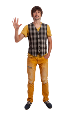 Neşeli genç bir adam, modaya uygun giyinmiş, el sallıyor ve gülümsüyor..