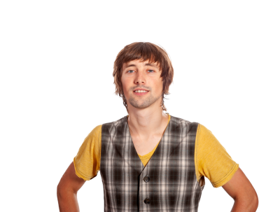 Genç bir adam elleri kalçasında poz verir, arkadaş canlısı ve stil sahibi olur..