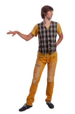 Bu neşeli birey, yaratıcılık ve neşeyi ifade eden eğlenceli ve canlı bir poz sergiliyor..