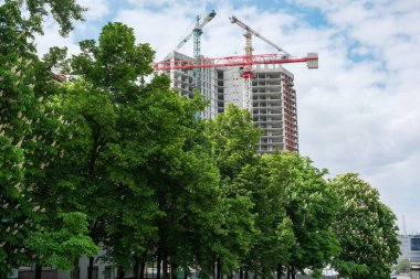 Turnalar gökyüzüne doğru yükselirken, baharda canlı yeşil ağaçlar tarafından çerçevelenir..